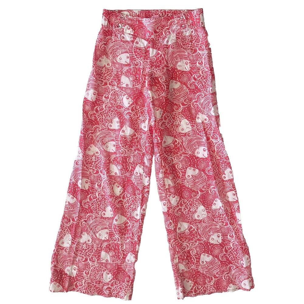 Lilly Pulitzer Gia Linen Beach Pants Pink White Coral Tropical Fish XS